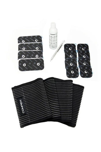 The Compex Quads Electrode Pack, featuring electrodes, electrode gel, motor point pen and elastic straps for electrical muscle stimulation (EMS)